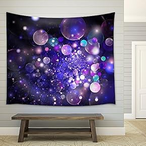 Abstract Glowing Purple and Blue Bubbles on Black Background. Fractal Art. 3D Rendering. - Fabric Wall Tapestry Home Decor - 51x60 inches