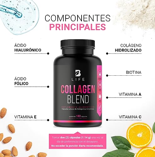 Péptidos de Colágeno Hidrolizado 200 Cápsulas | Potenciado con Biotina y Vitamina C para Piel, Cabello y Uñas | Collagen Blend B Life.