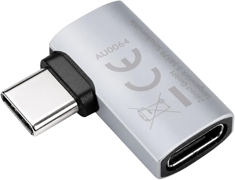 Adaptador USB 4 Tipo C 90° (Izquierda/Derecha), Transferencia de Datos de 40 Gbit/s! PowerDelivery 240 W, vídeo con 8 K/60 Hz, Macho-Hembra, Aluminio, Color: Plateado