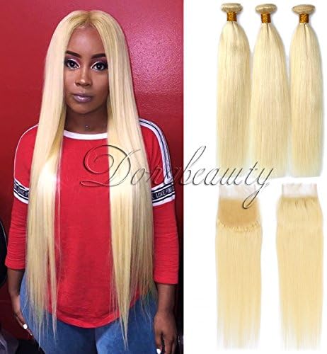 Dorabeauty #613 Blonde Hair 4×4 Lace Closure with 3 Bundles Platinum Blonde 100% Brazilian Remy Human Hair (ST 18"Closure +22"24"26"Bundles, Straight Blonde)