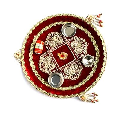 Heirloom Quality Stainless Steel Pooja Thali Set (Red and Maroon)