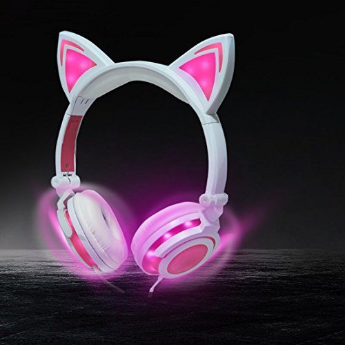 Qiwoo Kids Headphones with Cat Ear USB Rechargeable Adjustable LED Light Up Wired Over Ear Headphones 85dB Volume Limited Compatible for iPad Tablet for Kids Girls Boys Birthday Gift(Pink)