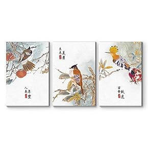 3 Panel Canvas Wall Art - Colorful Birds Sitting on Branches in The Fall with Chinese Writing Watercolor Art - Giclee Print Gallery Wrap Modern Home Art Ready to Hang - 16"x24" x 3 Panels