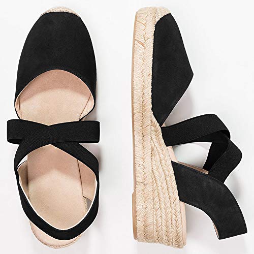 PiePieBuy Womens Espadrille Platform Wedge Sandals Closed Toe Mid Heel Ankle Sandals Black