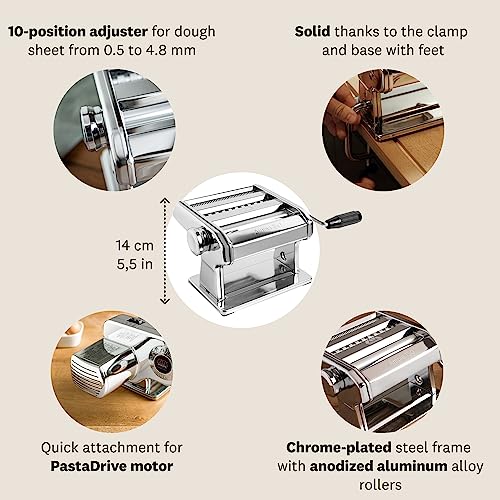 MARCATO 8356 Atlas Ampia Pasta Machine, Made In Italy, Chrome Plated Steel, Silver, Includes Pasta Cutter, Hand Crank, & Instructions