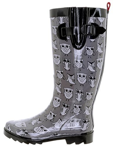 Capelli New York Shiny Sketchy Owls Print Tall Sport Body Ladies Rain Boots Grey Combo 6