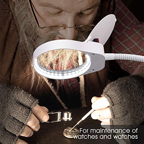 Delixike Magnifying Glass with Light and Stand,3X Dimmable Magnifying Lamp with Adjustable Gooseneck for Close Work,Reading,Crafts,Workbench,Task,White