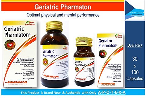 Pharmaton Geraitric Dual Pack for Family (Pack Size 100 & 30 Capsules) Once Daily Multivitamins + Minerals + Ginseng Extract G115 and Lecithin for Prophylaxis of Aged Infirmities, Fatigue, Exhaustion, Ageing Concentration Memory, Optimal Physical and Mental Performance