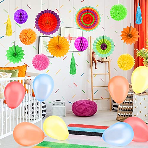 Koogel 27 STK. Seidenpapier Blumen Pompoms Set, 8 Papierblumen 2 Wabenbälle 6 Fächer 3 Quaste Girlande 8 Ballons für Party Hochzeit Geburtstag Festival Zeromonie Fasching Deko