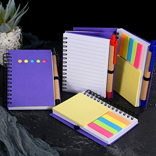Maxdot 4 Pieces Kraft Paper Steno Pocket Business Notebook Spiral Lined Notepad Set with Pen in Holder, Sticky Colored Notes Page Marker Tabs (Purple Cover) - Thumbnail 4