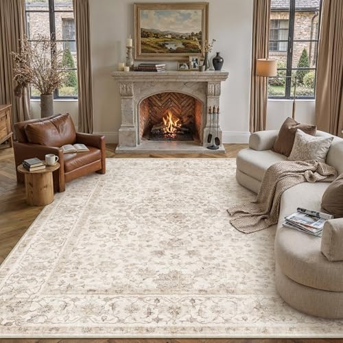 PureCozy Vintage Rugs Living Room 200x300cm Beige Area Rug Machine Washable Non Slip Kids Bedroom Large Carpet Bedside Nursery Lounge Office Playroom Low Pile Carpets