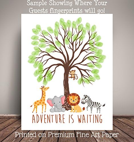 Jungle Safari Animals Black Thumbprint Tree Nursery Art -Serves as Guest Book for Baby Shower - Printed on Premium Quality Fine Art Paper JA-BLT