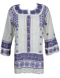Mogul Womens Tunic White Purple Floral Embroidered Lace Work Cotton Blouse Dress