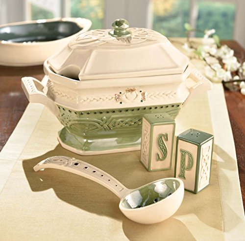 Grasslands Road 473072 Celtic Ceramic Gift Boxed Tureen with Lid and Ladle, 11"/Large, Green/Cream/White/Lime/Gold