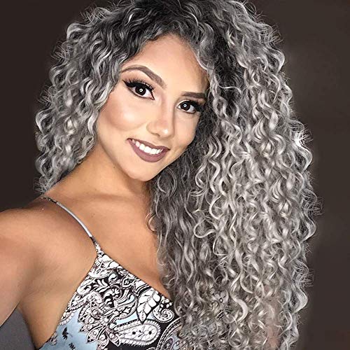 Vigorous Long Curly Wig Ombre Silver Grey Lace Front Wigs for Women Pre Plucked 13x6 Deep Part Synthetic Wigs With Baby Hair Dark Roots Gray Wigs for Daily Party Use