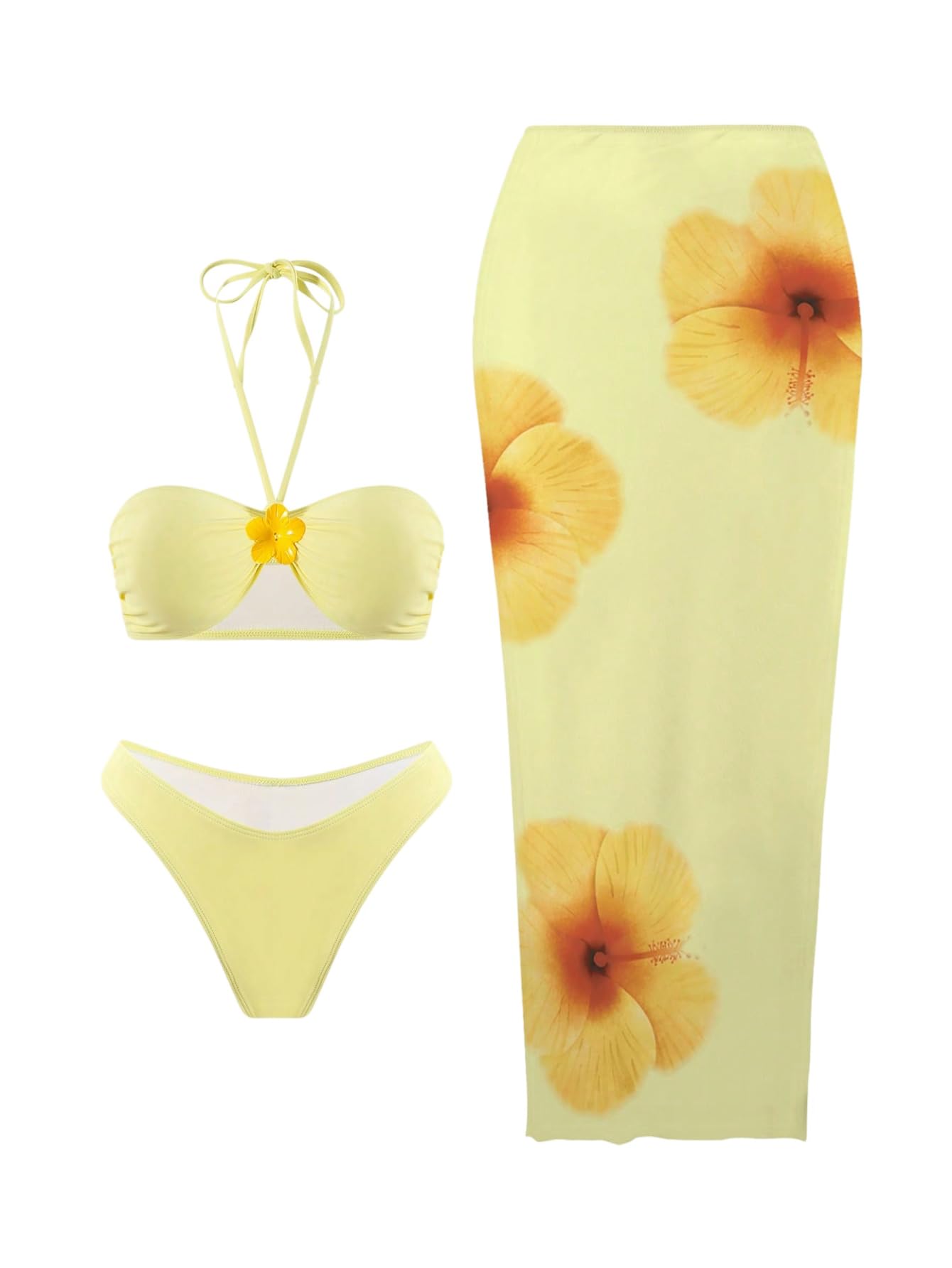 Photo 1 of MakeMeChic Women's Halter Triangle Bikini Sets Floral 3 Piece Swimsuit Bathing Suit Cover Up Long Skirt Halter Yellow Medium