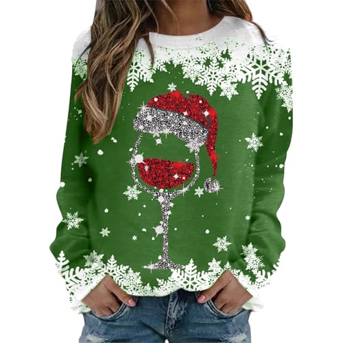 Sweatshirts For Women Uk Red Wine Glass Snowflake Christmas Print Sweatshirt Crew Neck Long Sleeve Pullover Tops Winter Warmth Casual Jumpers Daily Wear Holidays Activities Jumper