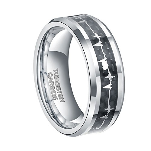 8mm Silver Heartbeat Tungsten Ring for Men Women with EKG Carbon Fiber Inlay Comfort Fit Wedding Band Size 9.5