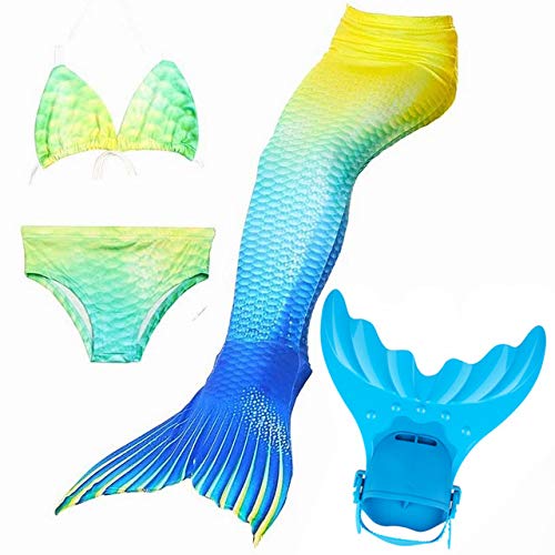 Dunnomart 4PCS/Set Girls Children Swimming Mermaid Tail Monofin Flipper Bikini Bathing Suit Swimmable Mermaid Tail Costume