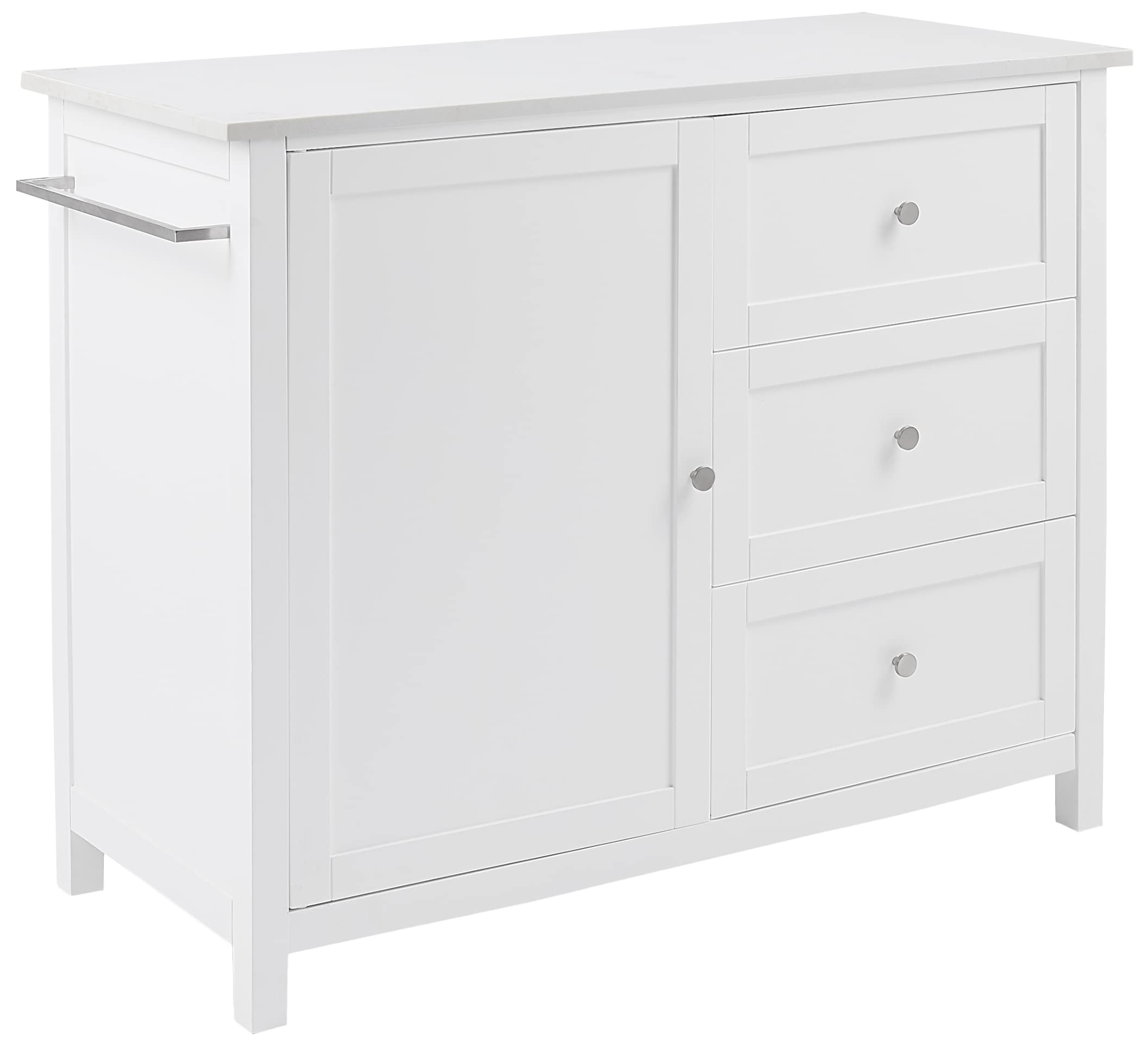 Photo 1 of Crosley Furniture Soren Stone Top Rolling Kitchen Island Car, Microwave Stand, Coffee Bar, with Shelves, White
