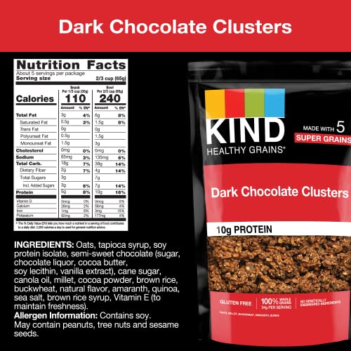 KIND HEALTHY GRAINS GRANOLA, DARK CHOCOLATE CLUSTERS, GLUTEN FREE, HEALTHY SNACK MIX, 10G PROTEIN, 11OZ, 1 COUNT