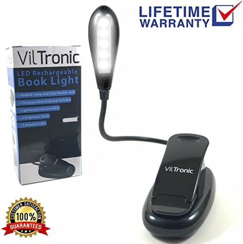 Rechargeable Book Light With 5 Powerful LEDs - Easily Read At Night With This Clip On Reading Light - Certified AC Charger &amp; USB Cable Included - 2 Brightness Levels, Soft Padded Clamp