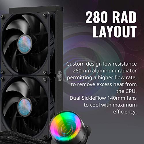 Cooler Master MasterLiquid ML280 Mirror ARGB Close-Loop AIO CPU Liquid Cooler, Mirror ARGB Pump, 280 Radiator, Dual SickleFlow 140mm, 3rd Gen Dual Chamber Pump for AMD Ryzen/Intel LGA1200/1151