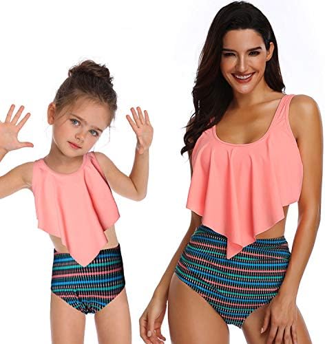 Mommy and Me Swimsuits High Waisted Family Matching Swimwear Ruffle Two Piece Bathing Suits