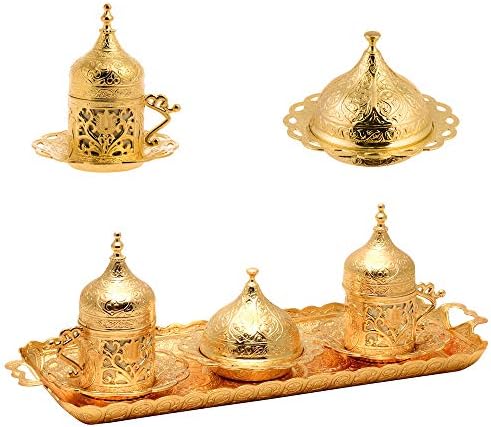 Alisveristime Türkisches Kaffeetassen-Set (2 Tassen) - Zamak Mit Porzellan, Tulpenmotive, Inkl. Tablett