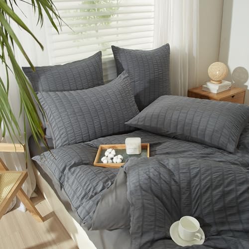 YASMENG Seersucker – Funda nórdica – 240 x 260 cm – Gris a rayas Seersucker – Juego de cama con cremallera y fundas de almohada (65 x 65 cm), color gris