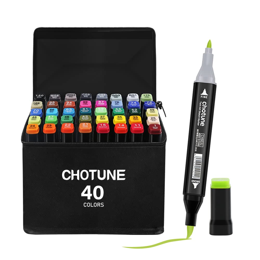 CHOTUNE Alcohol Markers Set, 40 Colors Soft Tip Permanent Marker Pen, Quick Drying, Easy Mix for Sketching and Illustration with Black Handbag and Base