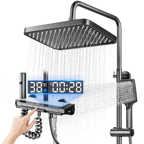 Koeutoze Sistema Doccia con display digitale a LED, soffione doccia XL a pioggia, doccetta, getto ausiliario e rubinetto a cascata – Acciaio inossidabile – Colonna Doccia Regolabile (Grigio)