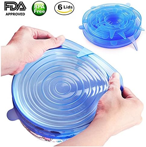 ECHI Silicone Stretch Lids, Set of 6 Silicone Food Saver Covers Expandable to Fit Various Sizes and Shapes Containers - Reusable, Heat Resistant - Dishwasher, Microwave and Oven Safe (6, Blue)