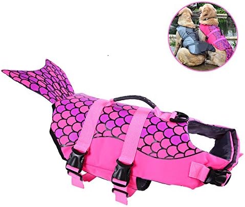 Albabara Ripstop Adjustable Dog Life Jacket with Rubber Handle Pet Puppy Saver Swimming Water Life Vest Preserver Flotation Aid Buoyancy Fish and Shark Style with fin for Small Medium, Large Dogs…