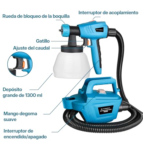 Tilswall Paint Gun, 800W HVLP 1200ML/Min Electric Paint Gun, 1300ML Reservoir, 3 Nozzles and 3 Patterns, High Power Paint Sprayer for Furniture, Cabinets, Fences