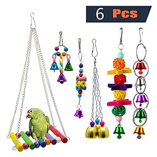 PINCHUANG Bird Swing Toys Bell Colorful Natural Wood Hammock Hanging Perch Small Medium Birds Parakeets Cockatiels Conures Macaws Parrots Love Birds Finches (Style 1-6pcs)