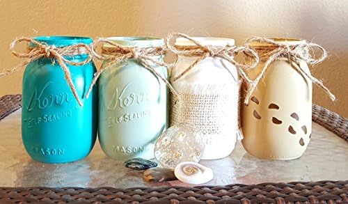 At The Beach, Footprints in the Sand, Ocean Blue, Turquoise, Seafoam Green, White, Beige, Burlap Summer Pint Mason Jars