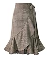 Fulok Womens Plaid Printing Ruffles Hem Cute High-Waisted Midi Skirt