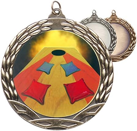 Cornhole Insert Medal with red, white, and blue neck ribbon attached