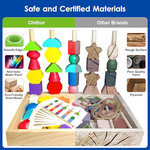 Chithor Montessori Games 3 in 1 Wooden Lacing Beads Toys, Stackable, Thread Toy, Sorting Toys, Activity Child Educational Game, Child Toy Gift Girl Boy 2 3 4 5 Years Old