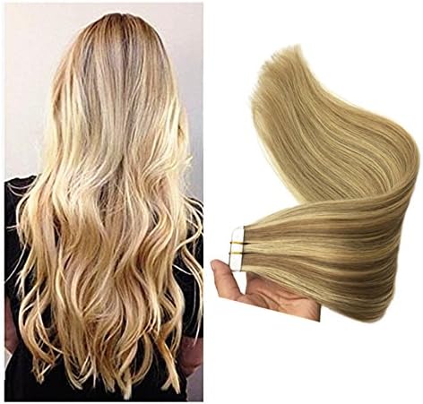 DODOHAIR 14 Inch 20pcs 50g 100% Remy Straight Tape Human Hair Extensions Two Tone Blonde mixed Highlight Balayage Colorful Seamless Tape in Human Hair Extensions