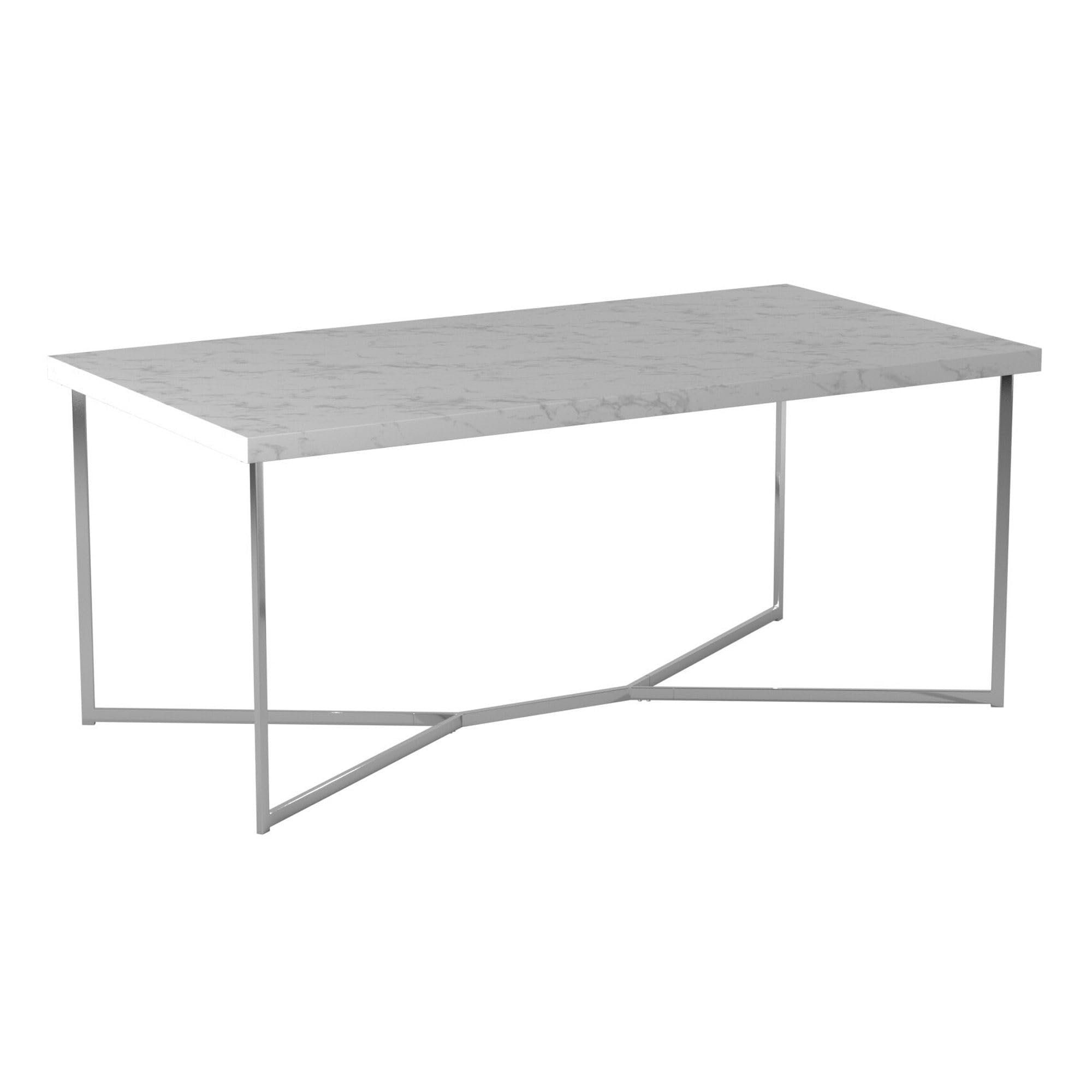 Walker Edison WE Furniture Rectangular Modern Coffee Table/Glamour Style for Living Room, White Faux Marble/Chrome