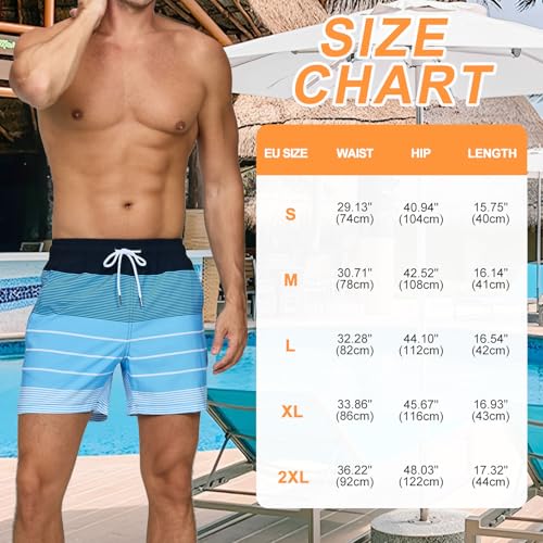 Bañador Hombre Secado Rapido Respirable Traje de Baño Estampado Ligero Boxer Calzones Bano para Natacion Playa Surf de Bolsillo con Cremallera Rayas Azules y Blancas L