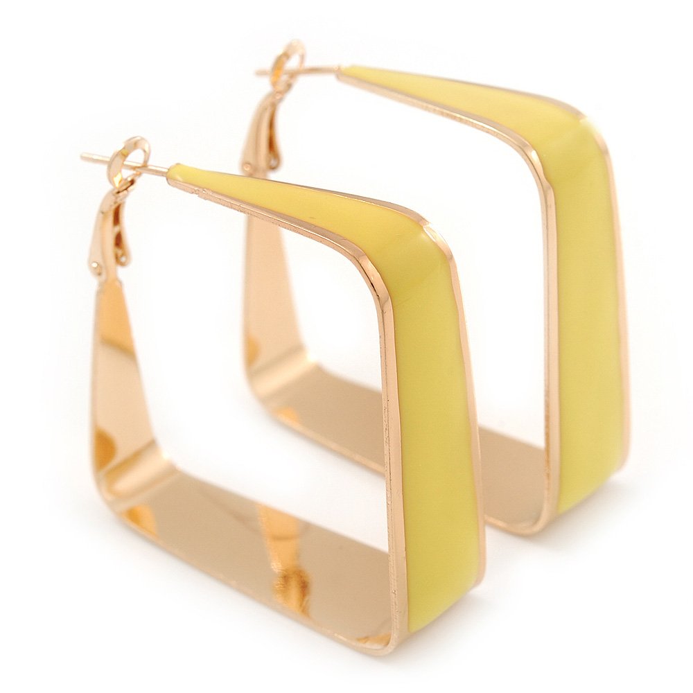 40mm/ Contemporary Square Yellow Enamel Hoop Earrings/Gold Plating