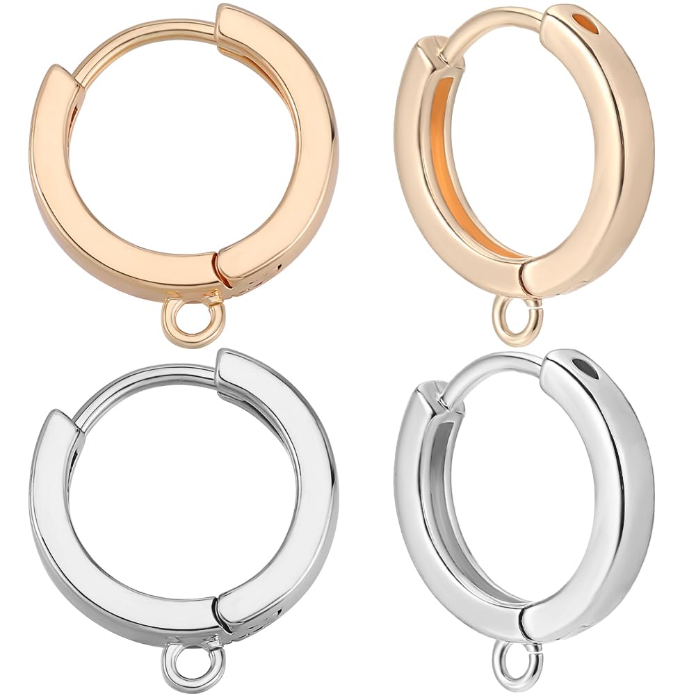 Beebeecraft 1 Box 16Pcs Huggie Hoop Earring Findings 18K Gold & Platinum Plated Brass 18 Gauge Leverback Earrings Findings 15mm Round Earring Hooks with Loops for Jewelry Making DIY (Gold, Silver)