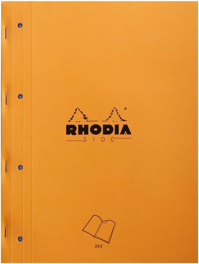 RHODIA 118016C, Orange Side Stapled Notepad, A4, Small Squares, 80 Detachable Sheets 4 Hole Punched, 80G Clairefontaine Paper