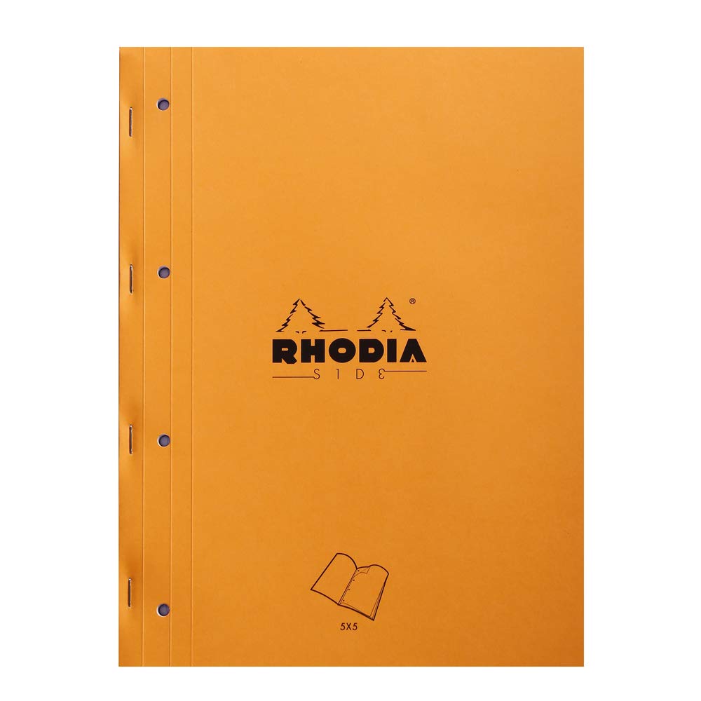 RHODIA 118016C - Orange Side Stapled Notepad - A4 - Small Squares - 80 Detachable Sheets 4 Hole Punched - 80G Clairefontaine Paper - Soft and Resistant Cover - Basics