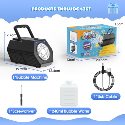 Upgraded 20000+ Bubbles/Min Portable Bubble Machine with Bubble/Light Solution, Bubble Machine for Kids, Outdoor Gift for Wedding/Party