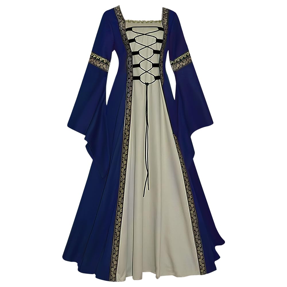 Feynman Medieval Costume Women - Retro Medieval Dress Gothic Palace Ladies Trumpet Sleeves Party Renaissance Costume, Blue, XL โ image 1