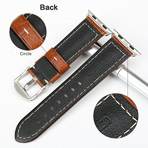 MAIKES Oil Wax Leather Strap Replacement for Apple Watch Band 44mm 40mm 42mm 38mm Series 4 3 2 1 iWatch Watchband Compatible with Apple Watch(42mm, Light Brown+Silver Buckle)